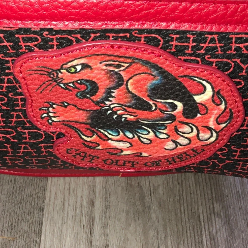 Ed Hardy Red & Black Faux Leather Cat Out Of Hell Unisex Sling Backpack NWT